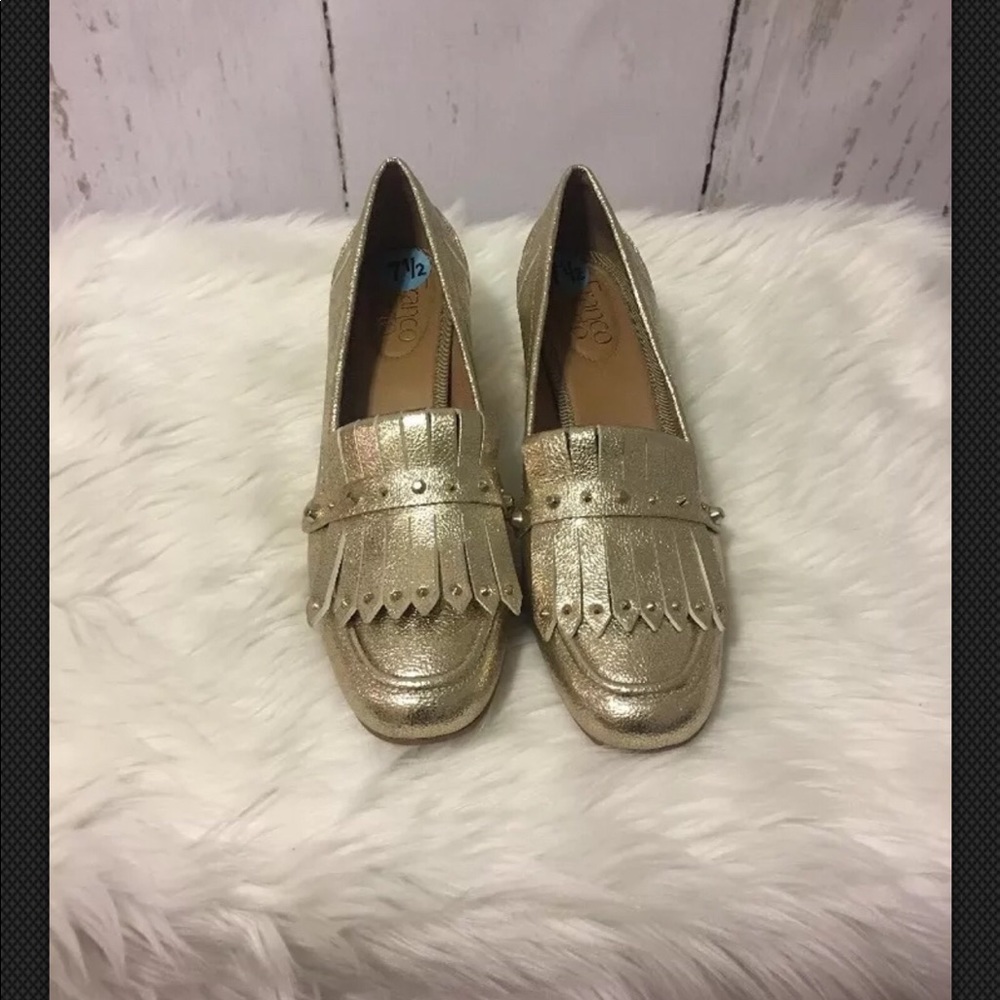New Franco Sarto Lauryn Block Gold Heel FringeShoe